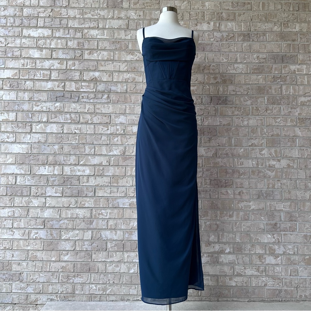 Azazie Kendall+Kylie Dark Blue Ruched Maxi Gown Size A10 🌸
